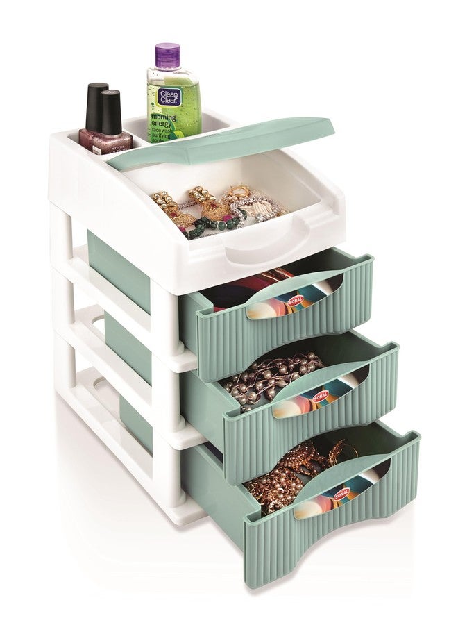 MOLTRES-SPACIA 3 (MINI Size) Desktop Organizer Plastic Drawers -Size(25x23x17) cm-Multipurporse Free Standing Cabinet Drawer for Cosmetic, Make-up Organizer, Jewelery & Office. (Green, Spacia 3) - Image 1